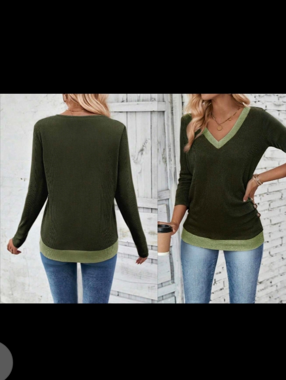 Green V-Neck Long Sleeve Contrast Trim Women's Top - NEW & SMALL - Picture 7 of 10